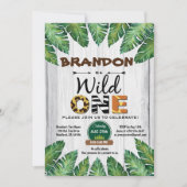 1歳の誕生日の招待状。少年ジャングルテーマ 招待状 (正面)