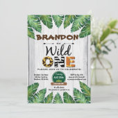 1歳の誕生日の招待状。少年ジャングルテーマ 招待状 (スタンド正面)