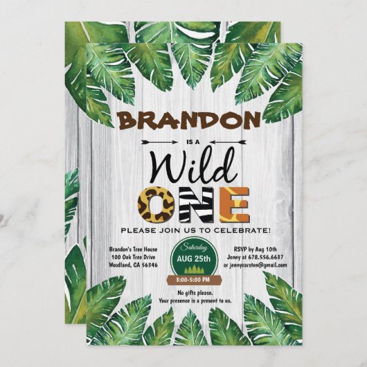 1歳の誕生日の招待状。少年ジャングルテーマ 招待状 (正面/裏面)