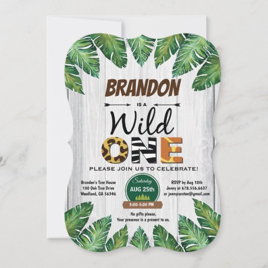 1歳の誕生日の招待状。少年ジャングルテーマ 招待状 (正面)