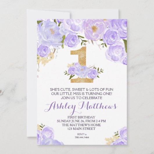 1歳の誕生日の最初の美しいフローラ招待状、 招待状 (正面)