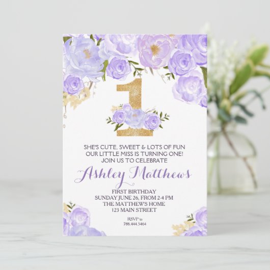 1歳の誕生日の最初の美しいフローラ招待状、 招待状 (スタンド正面)