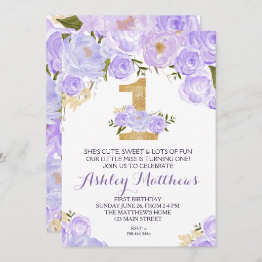 1歳の誕生日の最初の美しいフローラ招待状、 招待状 (正面/裏面)