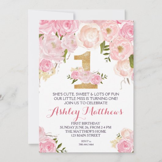 1歳の誕生日の最初の美しいフローラ招待状、 招待状 (正面)