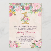 1歳の誕生日の最初の美しいフローラ招待状、