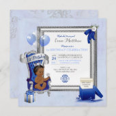 1歳の誕生日の民族少年ブルー王室のシルバーフォト 招待状 (正面/裏面)