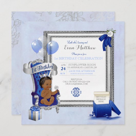 1歳の誕生日の民族少年ブルー王室のシルバーフォト 招待状 (正面/裏面)