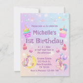 1歳の誕生日の水の色ユニコーンのカップケーキ紫 招待状 (正面)