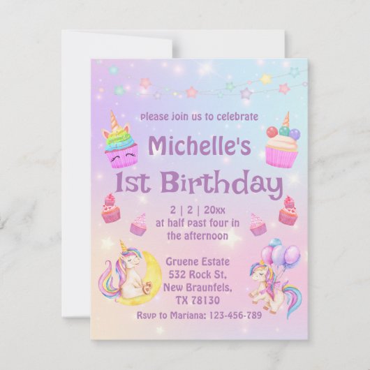 1歳の誕生日の水の色ユニコーンのカップケーキ紫 招待状 (正面)