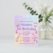 1歳の誕生日の水の色ユニコーンのカップケーキ紫 招待状 (スタンド正面)