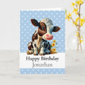 1歳の誕生日の牛の少年ブルーカード カード (黄色い花)