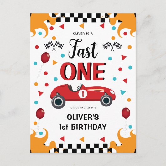 1歳の誕生日の男の子のファーストワンレーシングカー インビテーションポストカード (正面)