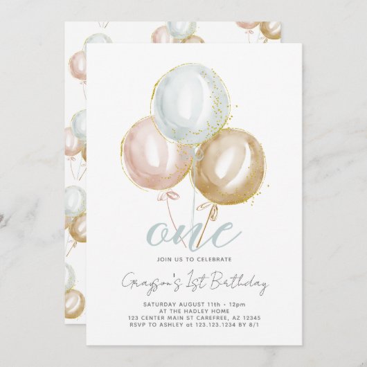 1歳の誕生日の男の子ワンバルーン 招待状 (正面/裏面)