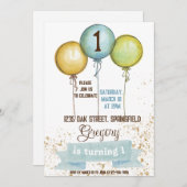 1歳の誕生日の男の子招待状，男の子の誕生日パーティー，青 招待状 (正面/裏面)