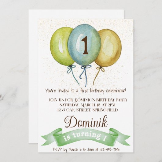 1歳の誕生日の男の子招待状,男の子の誕生日パーティー,青 招待状 (正面/裏面)