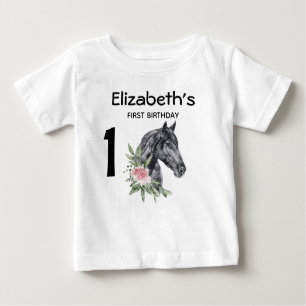 1歳の誕生日の美しい馬の頭ポートレート ベビーTシャツ