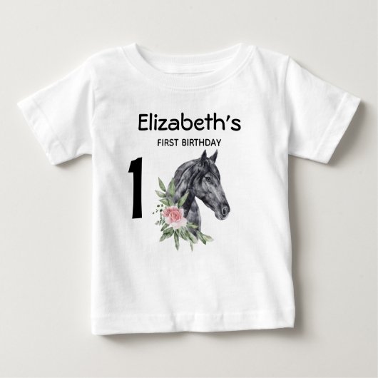 1歳の誕生日の美しい馬の頭ポートレート ベビーTシャツ (正面)