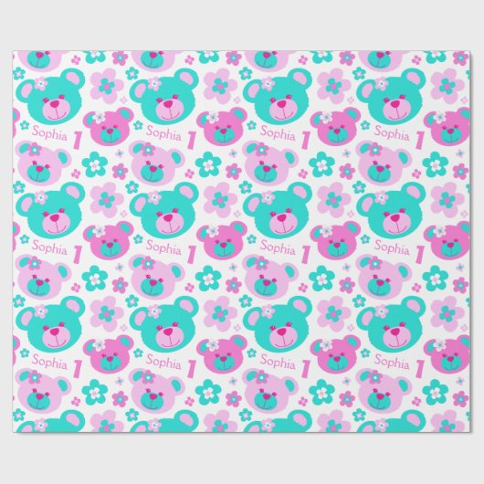 1歳の誕生日の花とテディベアの贈り物紙 ラッピングペーパー (フラット)