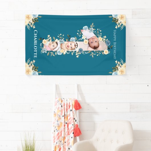 1歳の誕生日の花ティール(緑がかった色)フォトコラージブルーイエロー 横断幕 (インサイチュ)