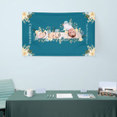 1歳の誕生日の花ティール（緑がかった色）フォトコラージブルーイエロー 横断幕 (トレードショー)