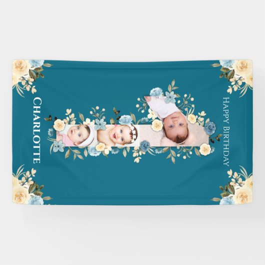 1歳の誕生日の花ティール（緑がかった色）フォトコラージブルーイエロー 横断幕 (横)