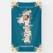 1歳の誕生日の花ティール（緑がかった色）フォトコラージブルーイエロー 横断幕 (縦)