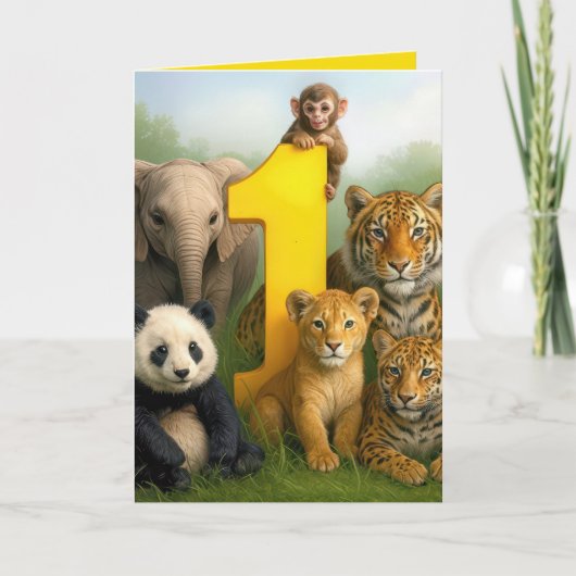 1歳の誕生日の野生動物の赤ちゃん カード (正面)