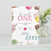 1歳の誕生日をテーマにした甘いアイスクリーム 招待状 (スタンド正面)