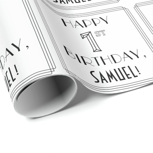 1歳の誕生日を祝う;アールデコスタイル;名前をカスタムする ラッピングペーパー (ロールコーナー)