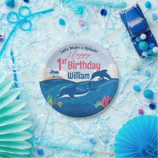 1歳の誕生日を祝おう!イルカと楽しむカラフルなパーティ ペーパープレート