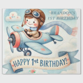 1歳の誕生日を迎えた飛行機の男の子の水色アップ遠くに ラッピングペーパー (フラット)