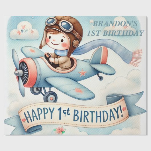 1歳の誕生日を迎えた飛行機の男の子の水色アップ遠くに ラッピングペーパー (フラット)