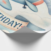 1歳の誕生日を迎えた飛行機の男の子の水色アップ遠くに ラッピングペーパー (角)