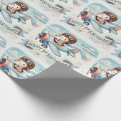 1歳の誕生日を迎えた飛行機の男の子の水色アップ遠くに ラッピングペーパー (角)