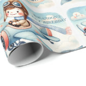 1歳の誕生日を迎えた飛行機の男の子の水色アップ遠くに ラッピングペーパー (ロールコーナー)