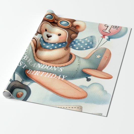 1歳の誕生日を迎えた飛行機の男の子の水色アップ遠くに ラッピングペーパー (アンロールド)