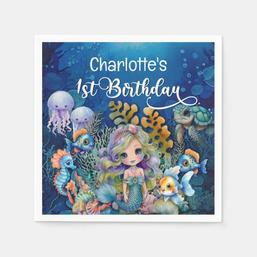 1歳の誕生日を迎える人魚姫 スタンダードカクテルナプキン (正面)