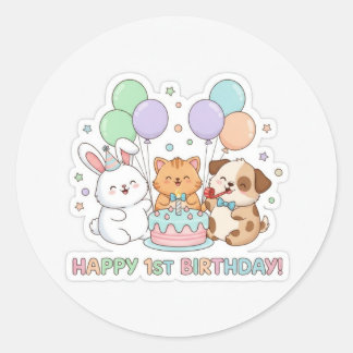1歳の誕生日を迎える赤ちゃん動物ステッカー ラウンドシール
