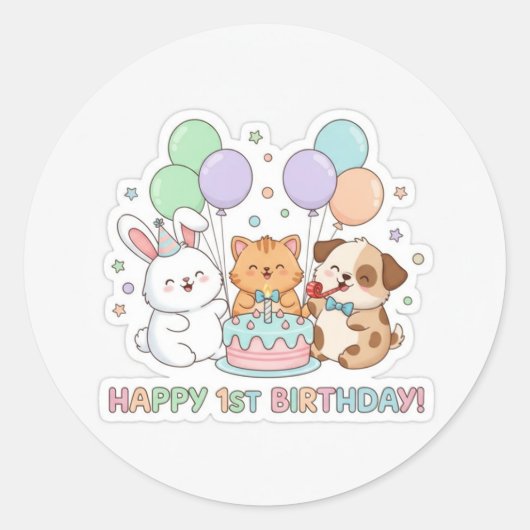 1歳の誕生日を迎える赤ちゃん動物ステッカー ラウンドシール (正面)
