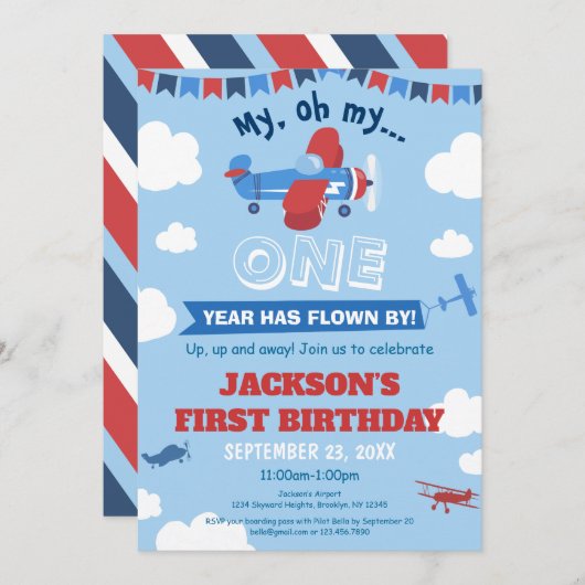 1歳の誕生日を迎える飛行機1年がスカイクラウドを飛ぶ 招待状 (正面/裏面)