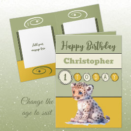 1歳の誕生日を追加name boy cute animal green カード