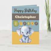 1歳の誕生日を追加name boy cute elephant blue カード (正面)