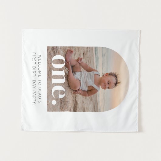 1歳の誕生日アーチ型写真ウェルカムサイン タペストリー (正面(横))