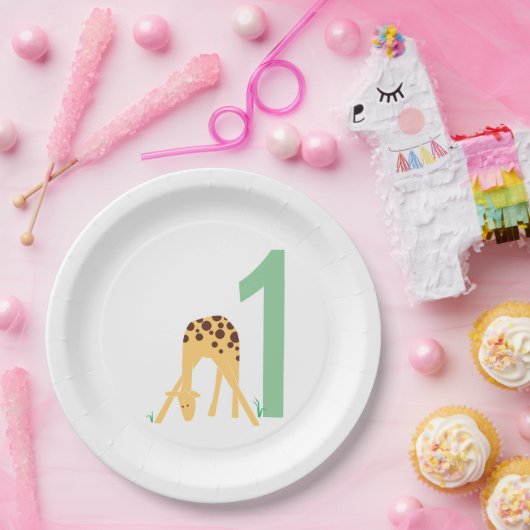 1歳の誕生日イエロモダンキリン ペーパープレート (パーティー)