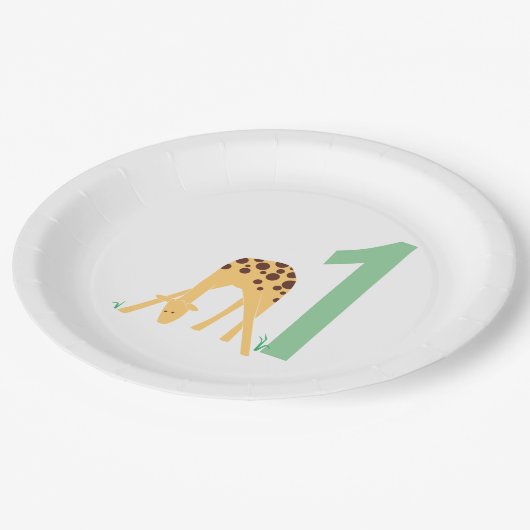 1歳の誕生日イエロモダンキリン ペーパープレート (アングル)