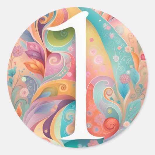 1歳の誕生日ウィムシーカラフルアート花植物学 ラウンドシール (正面)