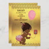 1歳の誕生日エスニックガールバルーン金ゴールドシブロン 招待状 (正面/裏面)