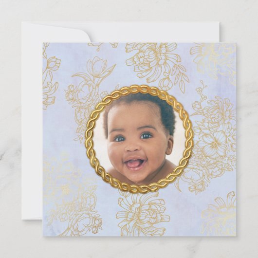 1歳の誕生日エスニック・ボーイ王室の・ブルー金ゴールド写真 招待状 (裏面)