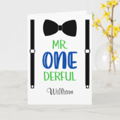 1歳の誕生日オネダーフルサスペンダーボーイ1年 カード (黄色い花)