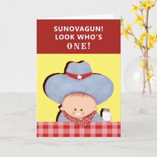1歳の誕生日カウボーイ カード (黄色い花)